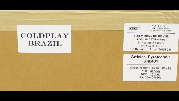 SCN Photo by Marlo Pronovost A box of product is prepared for shipping for ColdPlay’s Brazil tour.