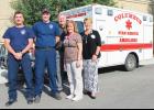 From the left, Travis Hansen, EMTB, and Jacob Ellis, paramedic, are two of the four Columbus Fire Rescue members paid through a federal SAFER grant. They are joined by Dr. Rick Klee, Gerlinde Dewell RN and Sue Ivankovich PA-C from the Stillwater Billings Clinic.
